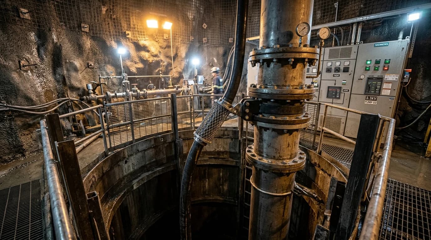 Tiro vertical de desagüe minero profundo con columna de impulsión y cable redondo sumergible de media tensión fijado con malla de alivio de tracción