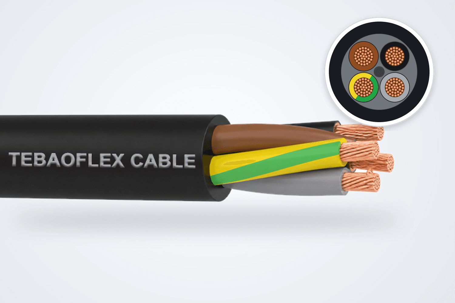 Detalle en primer plano del cable sumergible H07RN8-F 4G con cubierta exterior negra de policloropreno EM2, cuatro conductores aislados con compuesto EI4 y vista de su sección circular.