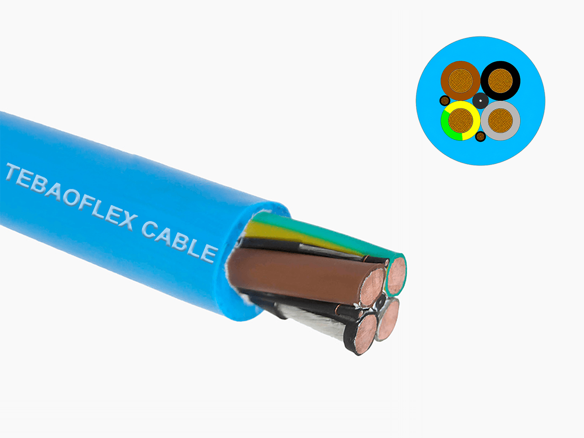 Cable redondo sumergible TEBAOFLEX ELCOSUB (N)TMH3S P2 (0.6/2 kV, AD8 100 m) con cubierta azul TPU P2, conductores de cobre estañado Clase 5, aislamiento EPR 3GI3 y dos pilotos aislados.
