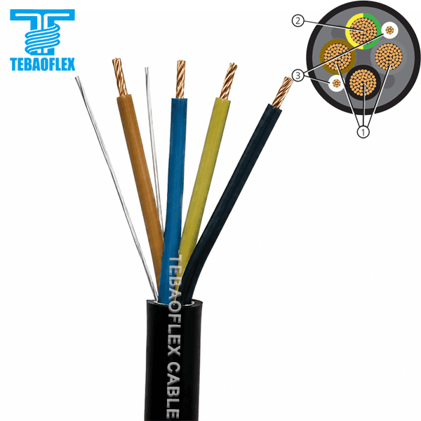 Cable sumergible SUBCAB 4G X + 2×1.5 con tres conductores de fuerza del motor, conductor de puesta a tierra verde/amarillo y dos conductores de control blanco crema (T1, T2).