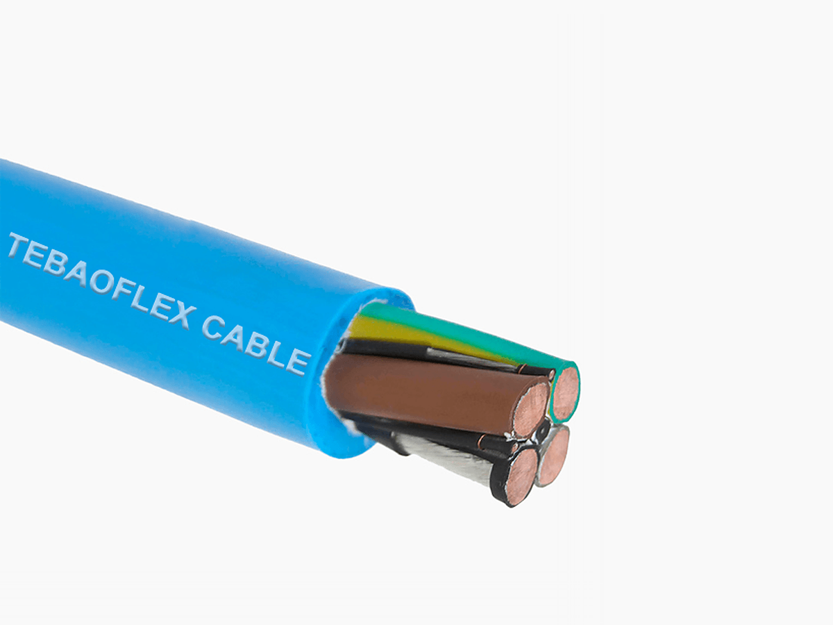 Vista oblicua del cable redondo sumergible TEBAOFLEX ELCOSUB (N)TMH3S P2 con cubierta azul TPU P2.