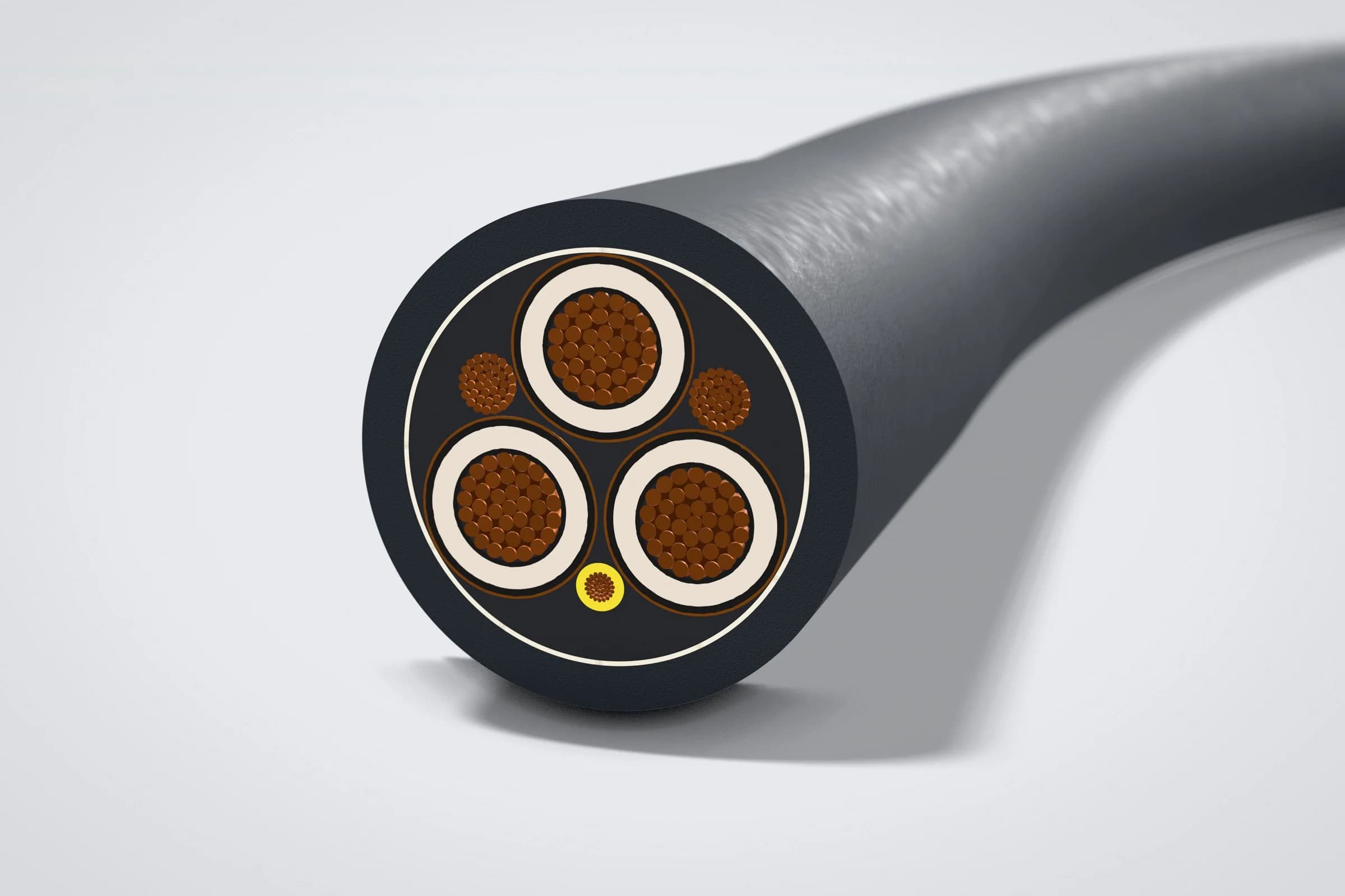 Sección transversal del cable alimentador minero Type MP-GC mostrando tres fases con aislamiento EPR, dos tierras divididas y conductor piloto para acoplador
