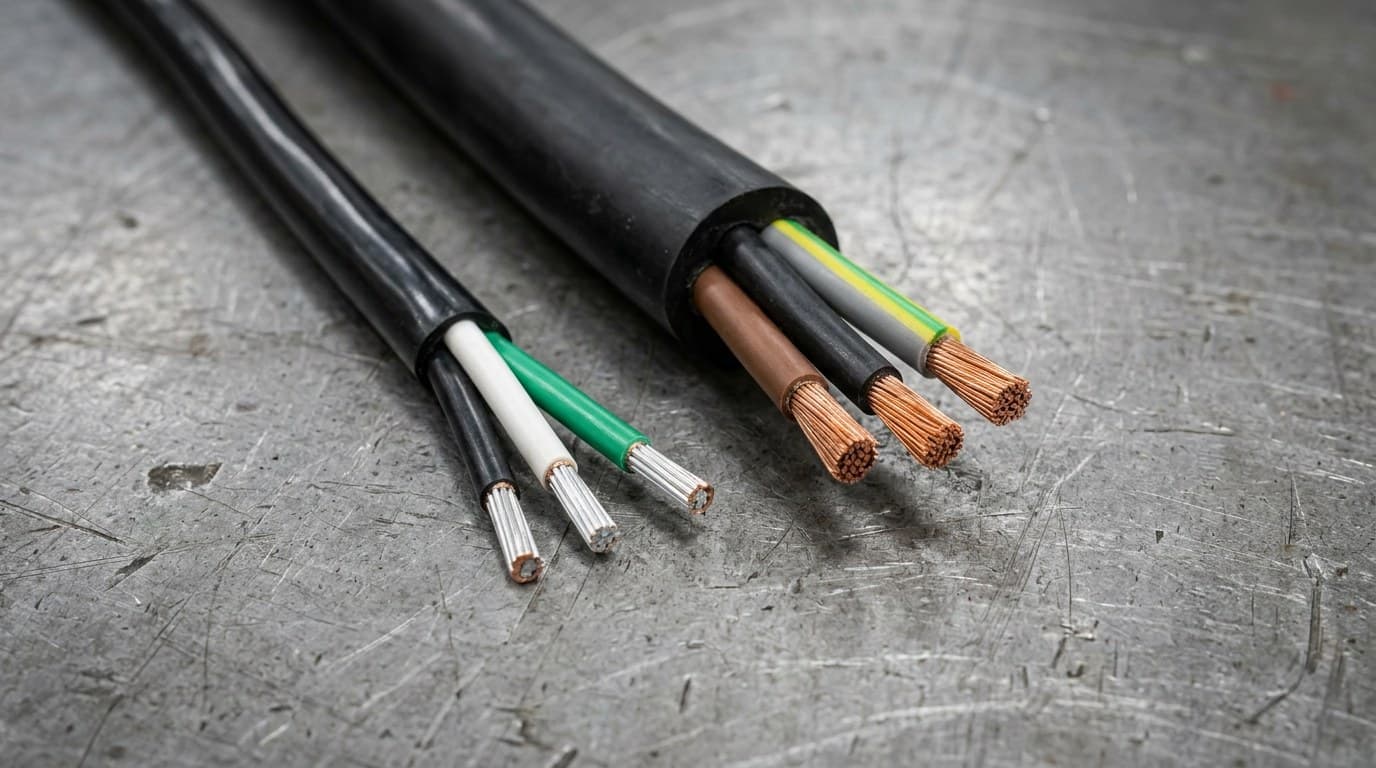 Inspección macro comparativa en mesa de taller: a la izquierda cordón ligero de PVC con filamentos plateados de aluminio cobrizado CCA; a la derecha cable industrial de caucho vulcanizado con haces densos de cobre electrolítico puro Clase 5