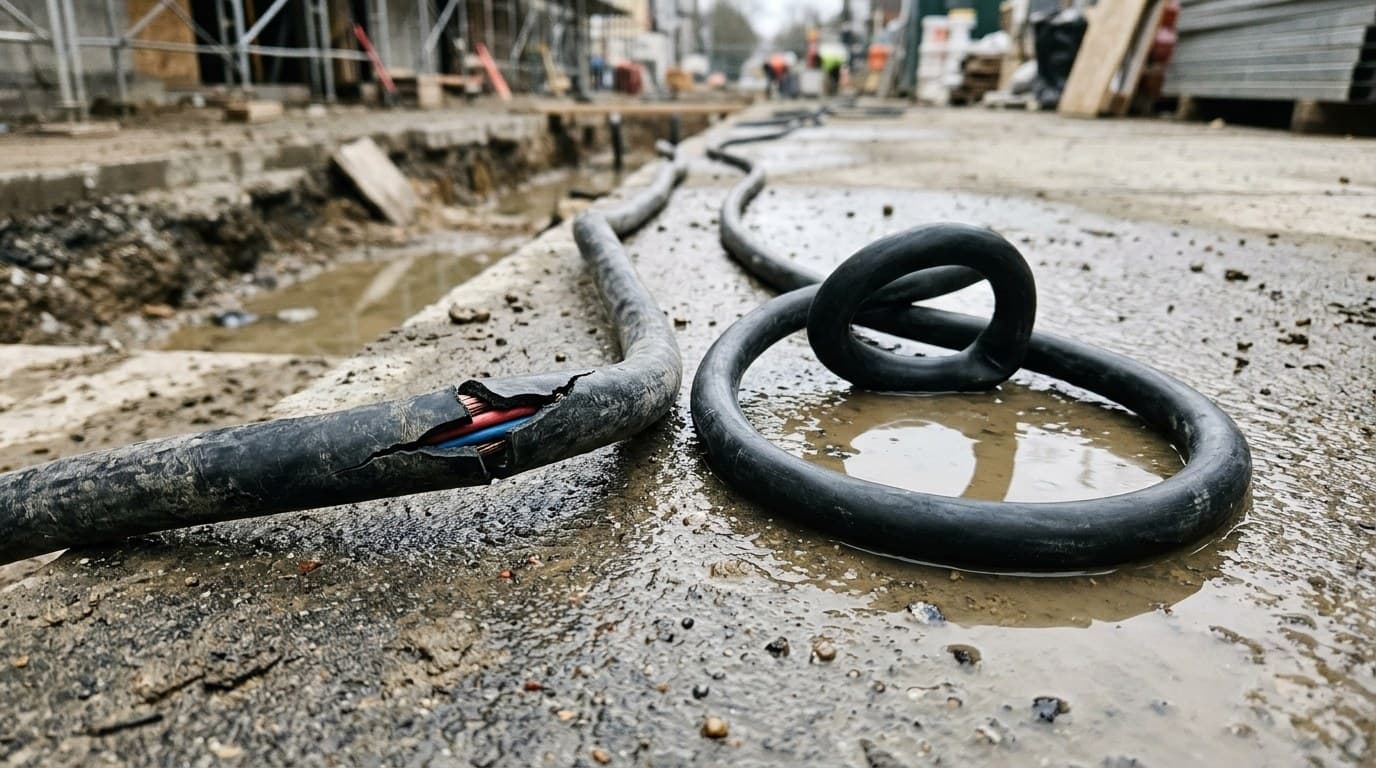 Comparativa en obra húmeda entre un cordón comercial de PVC rígido con cubierta negra fracturada exponiendo los hilos internos y un cable industrial de caucho enrollado con flexibilidad intacta sobre agua