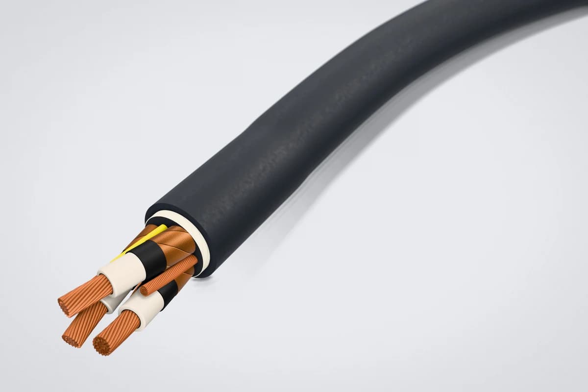 Sección transversal y constructiva del cable alimentador minero Type MP-GC con tres fases apantalladas, dos tierras divididas y conductor piloto frente al MV-105