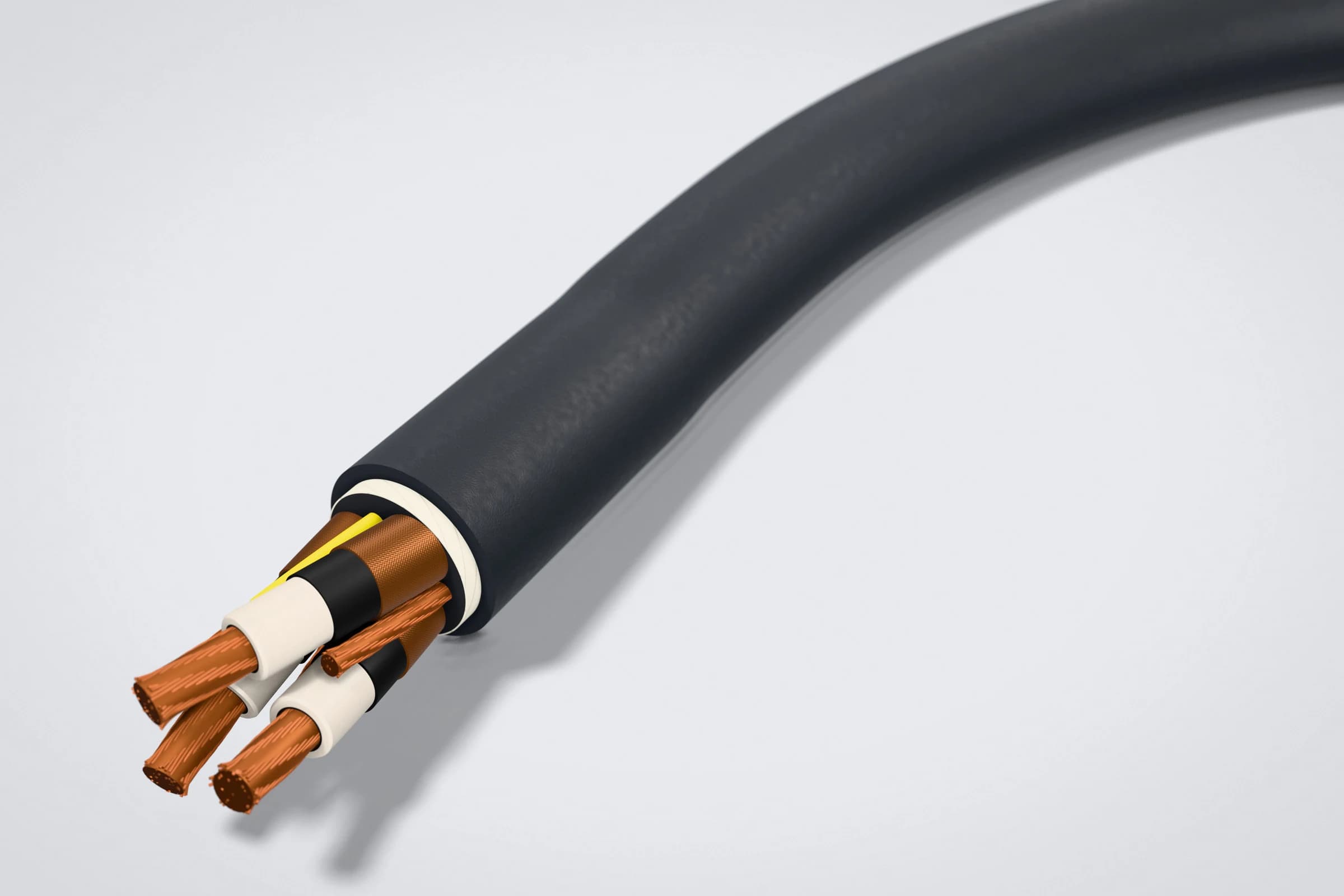 Vista general del cable minero Tipo SHD-GC 5kV y 8kV con conductores de fase apantallados, tierras y piloto