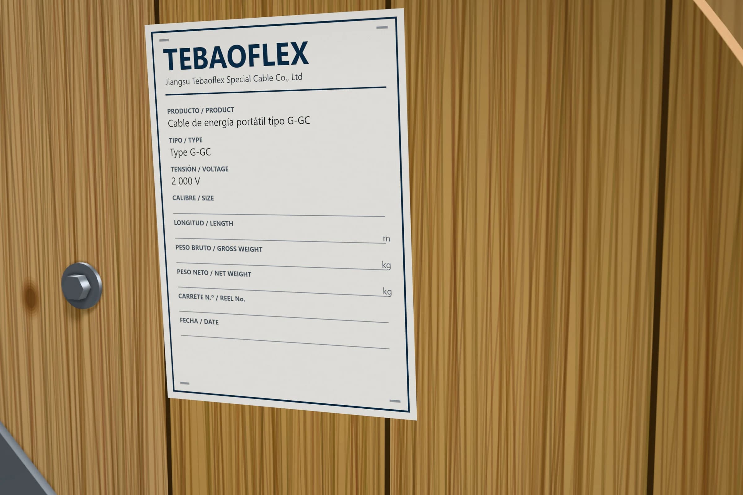Etiqueta técnica en español sobre carrete de cable minero conforme a NOM-024-SCFI