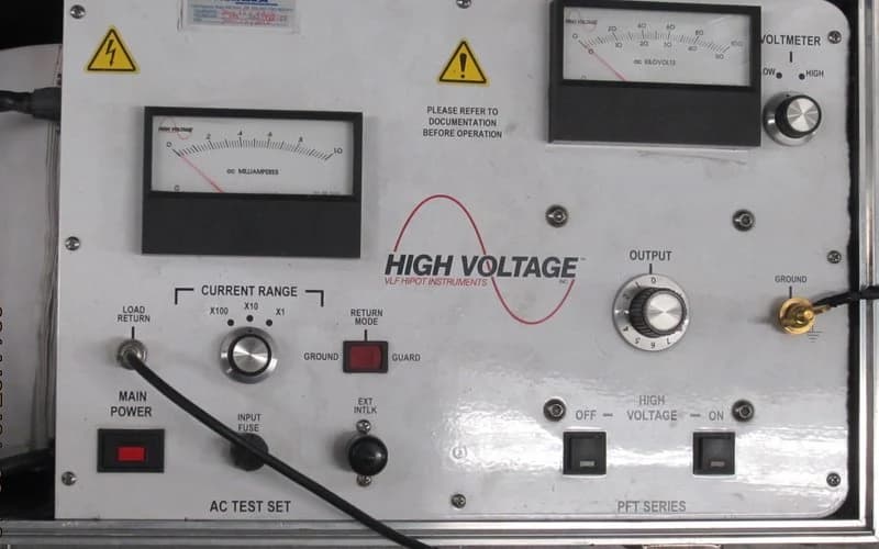 Ingeniero ejecutando protocolo de pruebas dieléctricas VLF y medición de aislamiento en cable minero