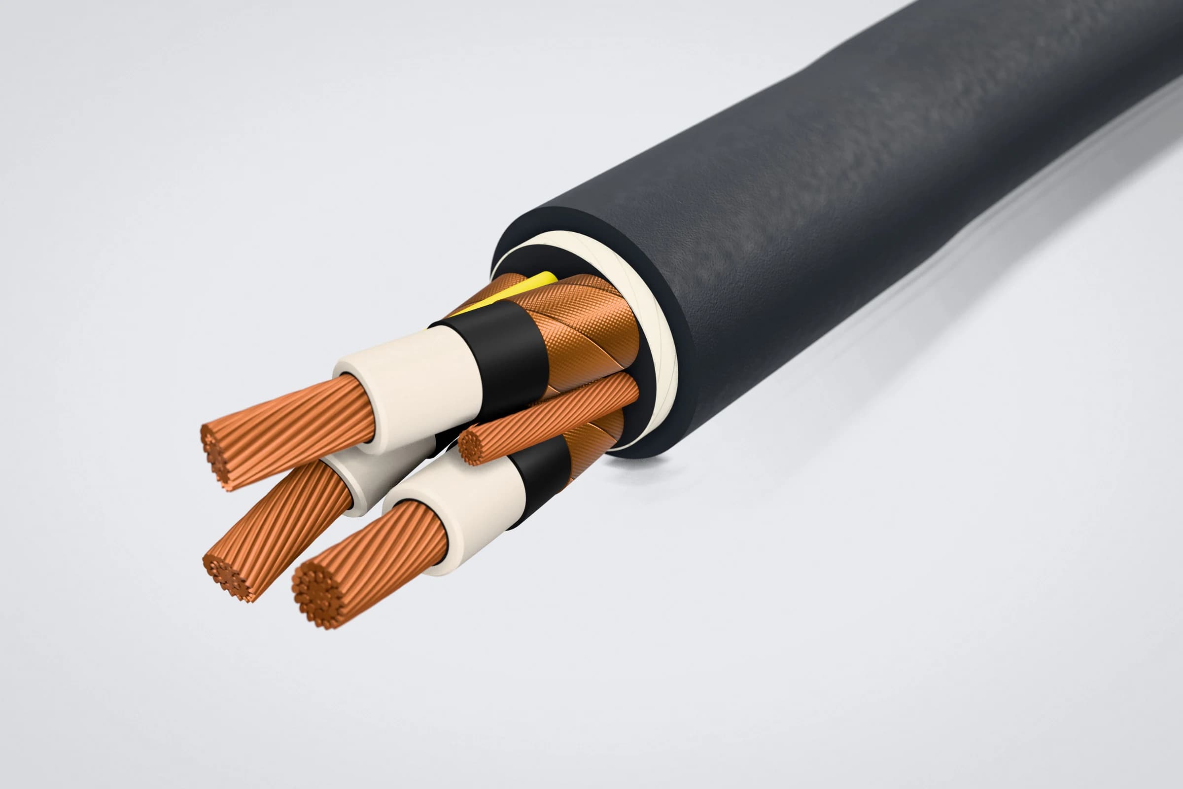 Extremo escalonado de cable alimentador minero Type MP-GC mostrando cinta de cobre de apantallamiento, semiconductora pelable y aislamiento EPR