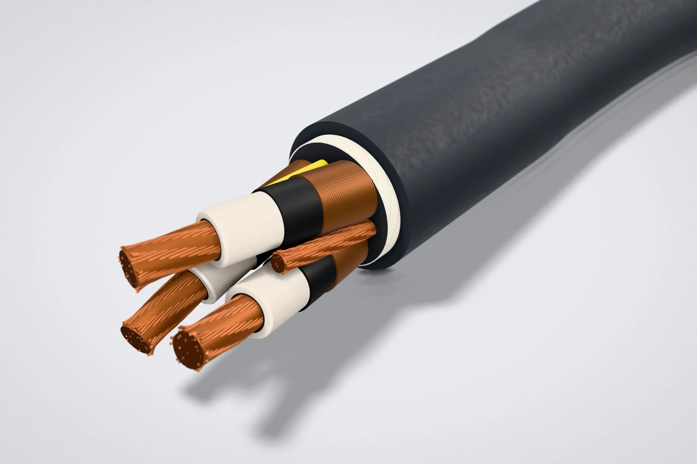 Extremo escalonado de cable minero portátil Type SHD-GC mostrando conductores flexibles, aislamiento EPR, pantalla trenzada de cobre y cubierta CPE