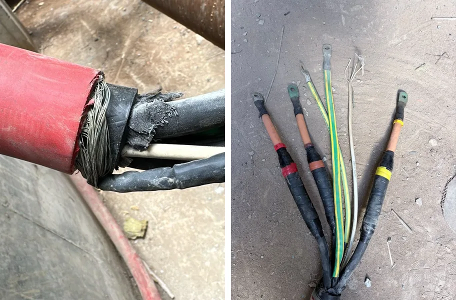 On the left the stripped end of a red cable showing its copper braid and cores, on the right terminated cores with lugs: three power cores, two green-yellow earth cores and thin control cores