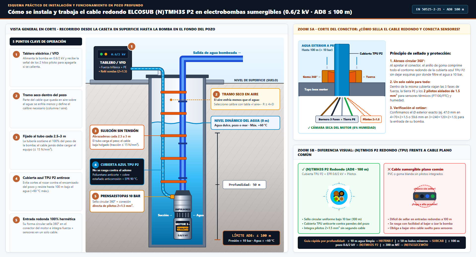 Esquema práctico en corte de instalación y funcionamiento en pozo profundo del cable redondo sumergible ELCOSUB (N)TMH3S P2 (0.6/2 kV, AD8 hasta 100 m), mostrando tablero VFD con relé de sondas, tramo seco en aire, sujeción con abrazaderas cada 2.5 a 3 metros sobre la tubería de descarga, corte del prensaestopas hermético a 10 bar comprimiendo 360 grados la cubierta azul TPU P2 con conexión de pilotos 2×1.5 mm² y comparativa visual frente a cable sumergible plano común.